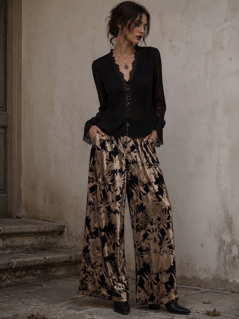 Papillon Velvet Wide Leg Pants Floral Black Beige Medium Pull On Boho Fall Chic